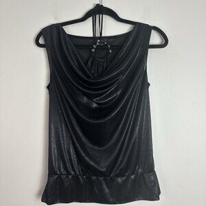 Vintage Y2K Top Drape Neck Med Black Babydoll Halter O Ring Stretch Whimsi Goth